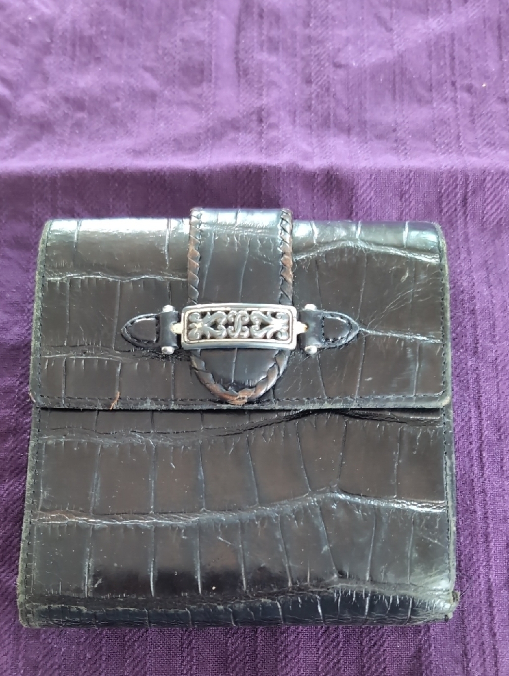 Brighton Black Croc-Embossed Leather Wallet with Silver Buckle & Coin Purse